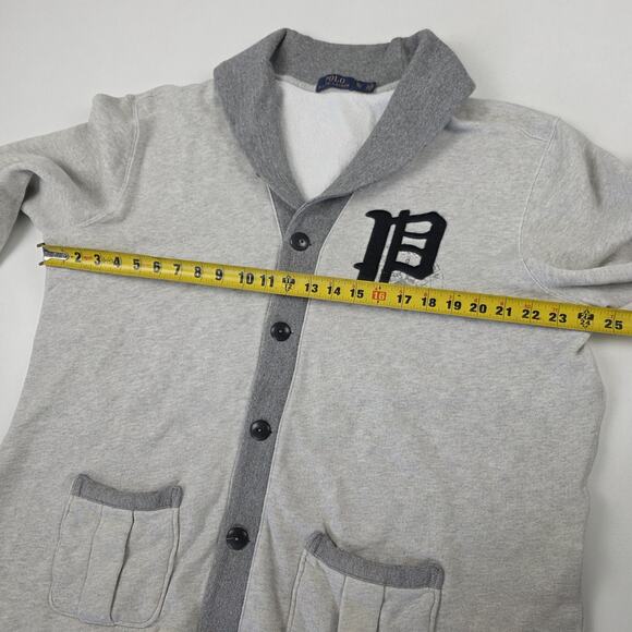 Polo Ralph Lauren Sweater mens XL Gray Shawl Collar Cardigan Varsity P Patch - Picture 6 of 9
